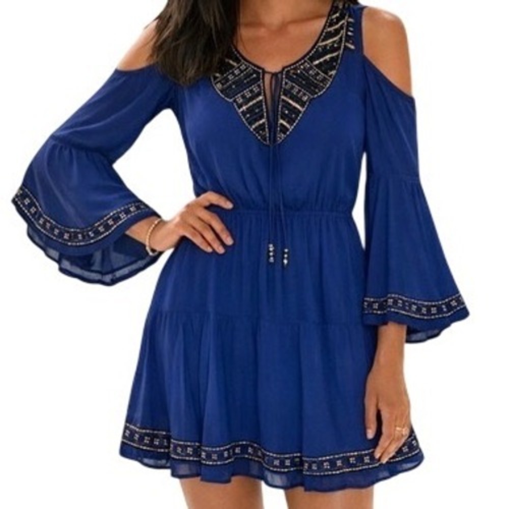 Boston Proper Cobalt Blue Beaded Cold Shoulder Bell Sleeve Cocktail Dress Medium